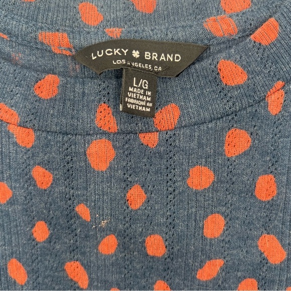 LUCKY BRAND Navy w/ Orange Polkadots Knit Blouse w/ Puff Sleeves Women’s Size L - Picture 9 of 11
